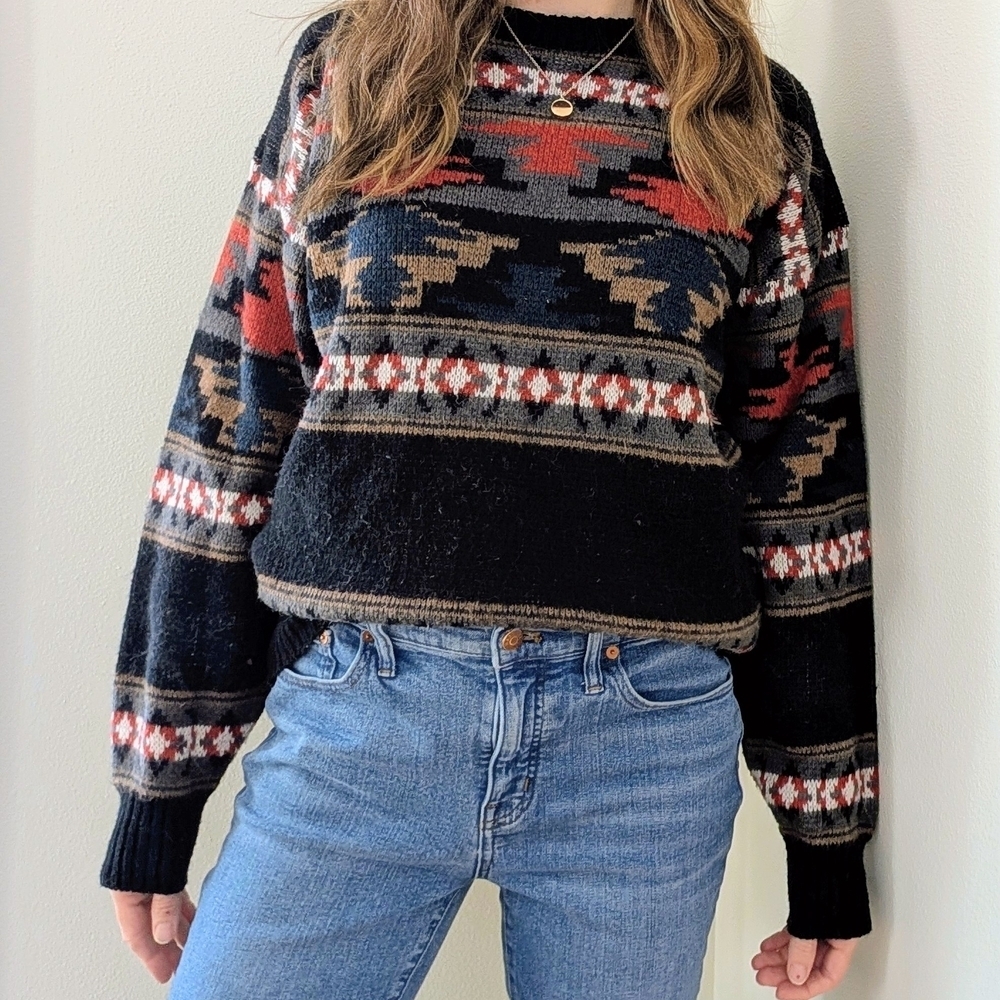 Vintage Southwestern Abstract Geometric Patterned Crewneck Sweater In Black/Red